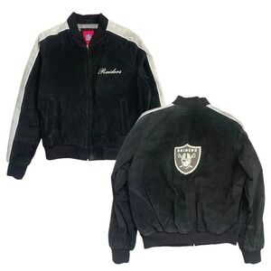 Vtg NFL Oakland Raiders 100% Leather Suede Bomber Jacket Women M Black Superbowl